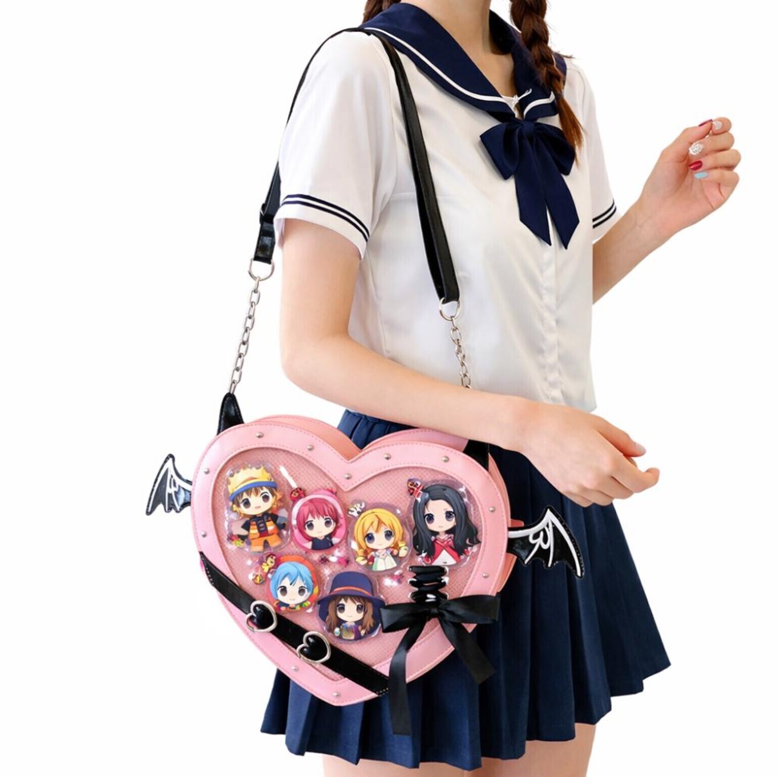 Black Kawaii Gothic Ita Crossbody Bag with Clear Window for Pin Display Black Kawaii Gothic Ita Crossbody Bag with Clear Window for Pin Display