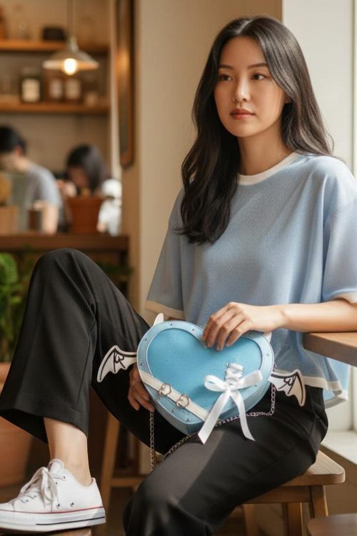 Black Kawaii Heart Convertible Ita Bag for Pin Display