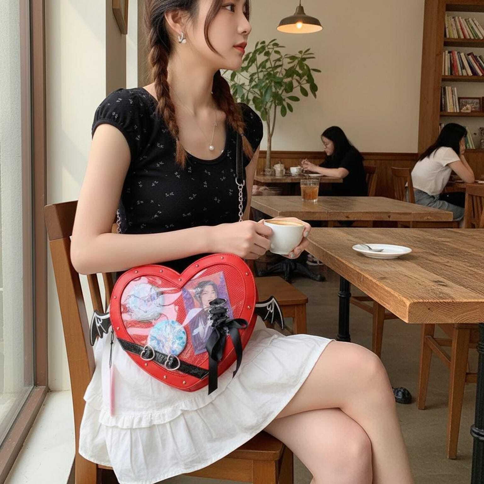 Black Kawaii Heart Convertible Ita Bag for Pin Display Black Kawaii Heart Convertible Ita Bag for Pin Display