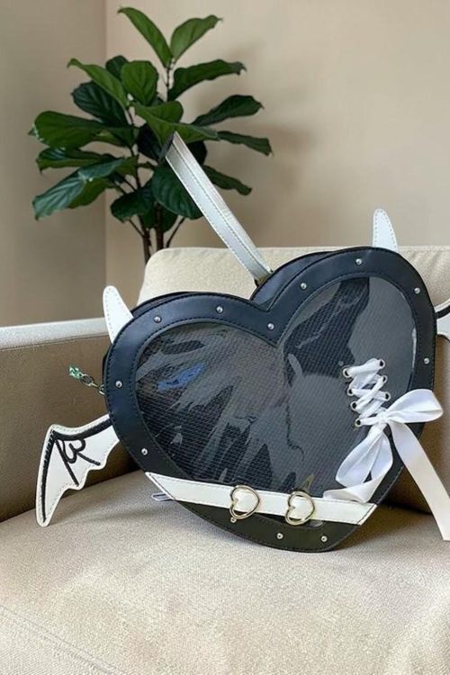Black Kawaii Heart Convertible Ita Bag for Pin Display