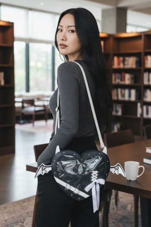 Black Kawaii Heart Convertible Ita Bag for Pin Display