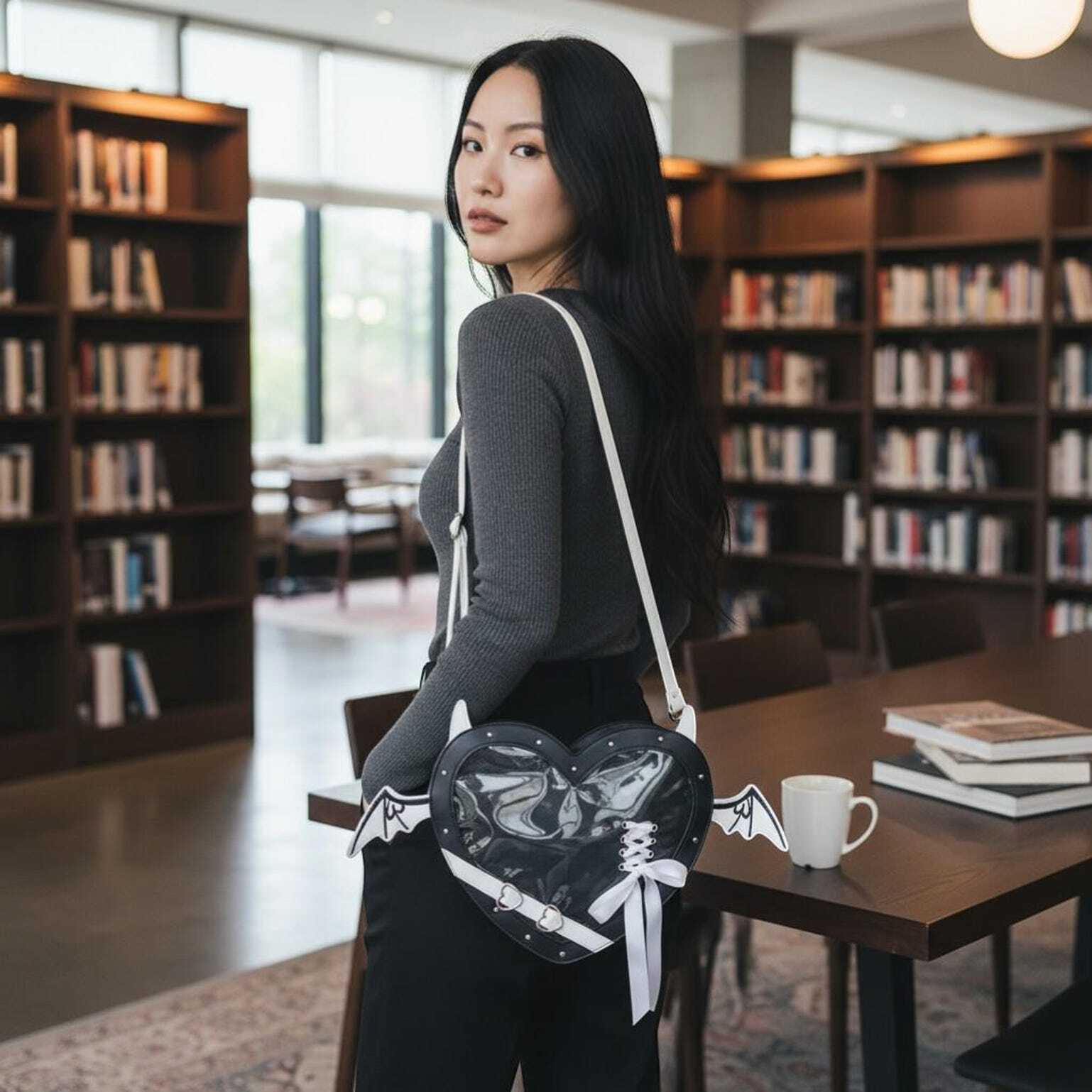 Black Kawaii Heart Convertible Ita Bag for Pin Display Black Kawaii Heart Convertible Ita Bag for Pin Display