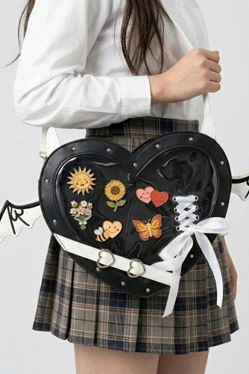 Black Kawaii Heart Convertible Ita Bag for Pin Display