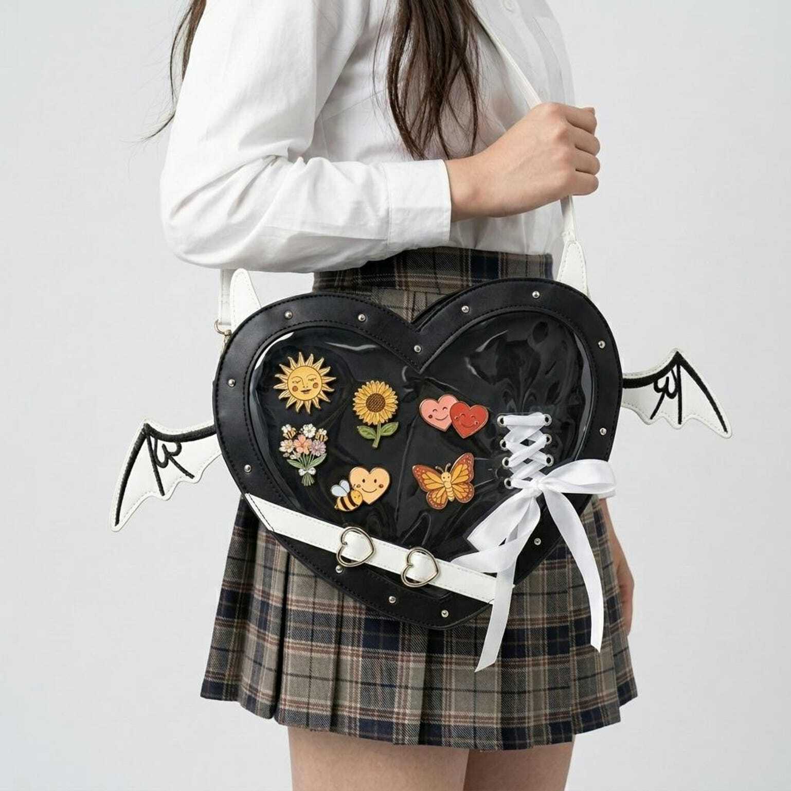 Black Kawaii Heart Convertible Ita Bag for Pin Display Black Kawaii Heart Convertible Ita Bag for Pin Display