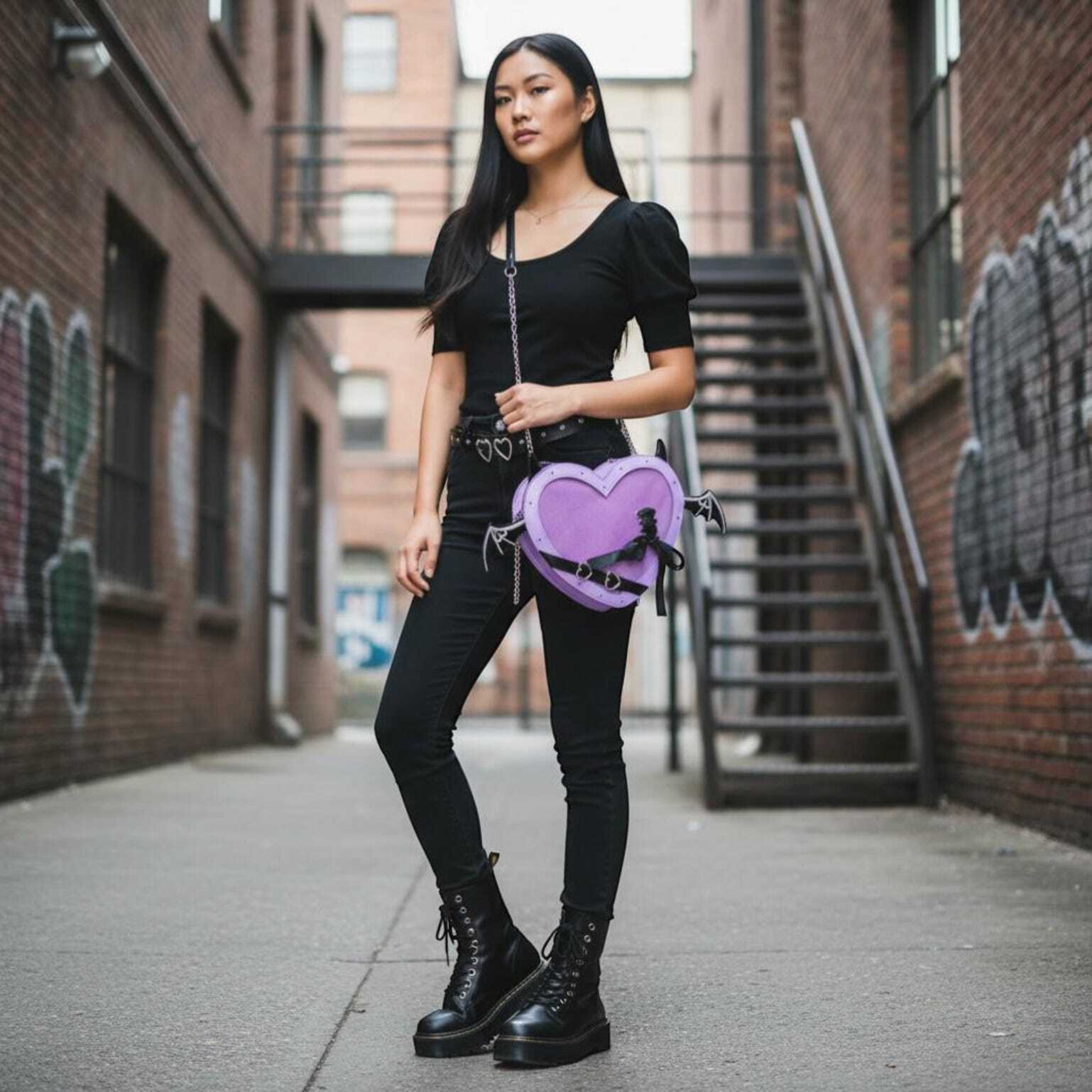 Black Kawaii Heart Convertible Ita Bag for Pin Display Black Kawaii Heart Convertible Ita Bag for Pin Display