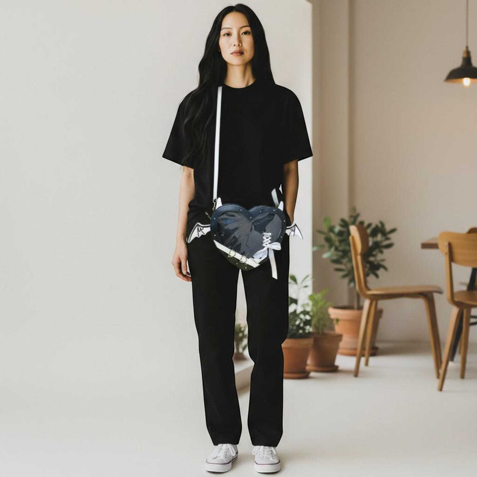 Black Kawaii Heart Convertible Ita Bag for Pin Display Black Kawaii Heart Convertible Ita Bag for Pin Display