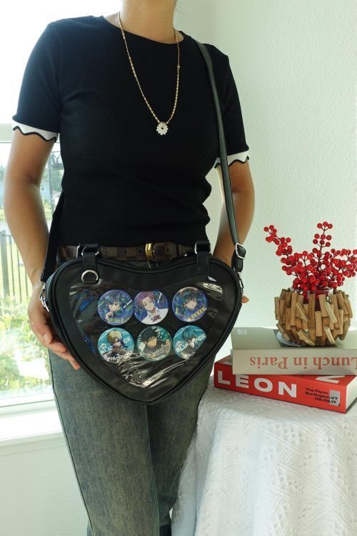 Black Kawaii Heart Convertible Ita Bag with Clear Window for Plushies and Pins