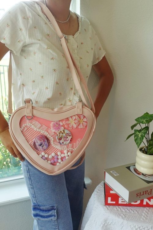 Black Kawaii Heart Convertible Ita Bag with Clear Window for Plushies and Pins