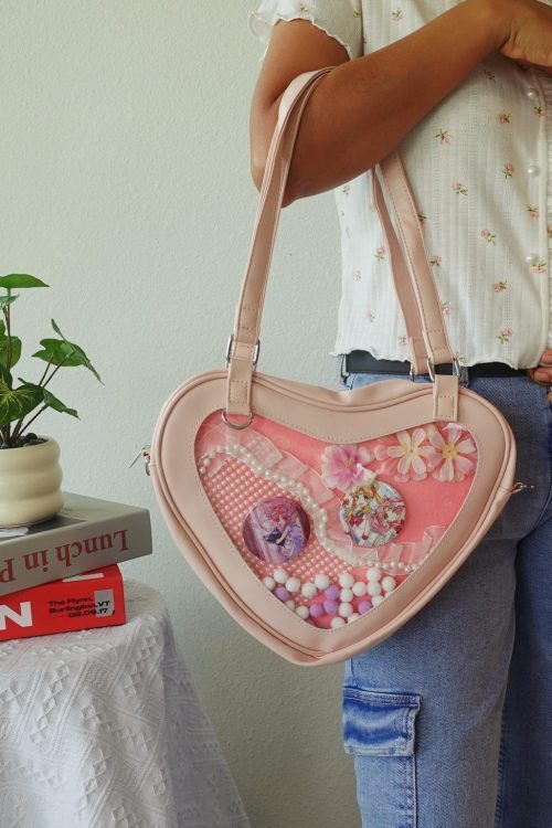 Black Kawaii Heart Convertible Ita Bag with Clear Window for Plushies and Pins