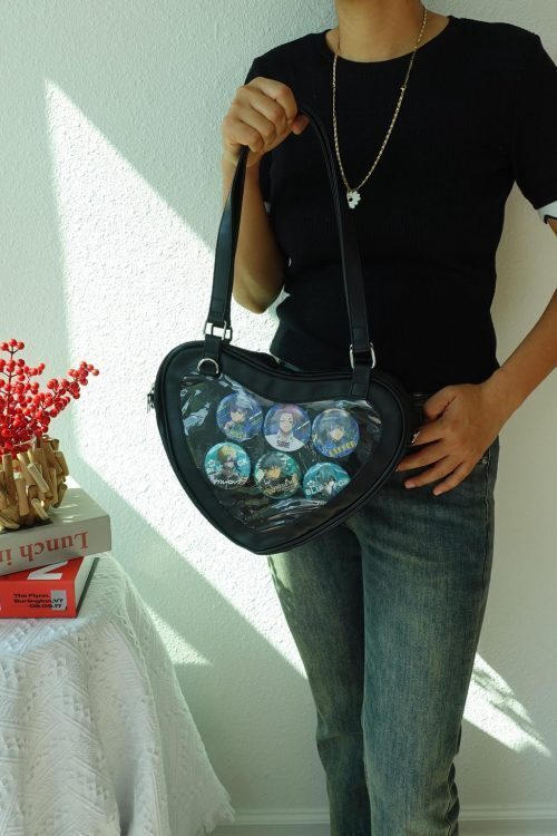 Black Kawaii Heart Convertible Ita Bag with Clear Window for Plushies and Pins