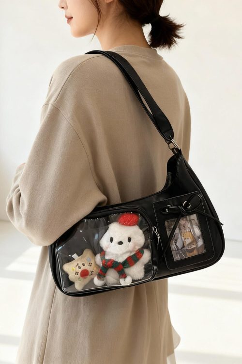 Black Kawaii Ita Bag with Clear Window for Plushies and Pins