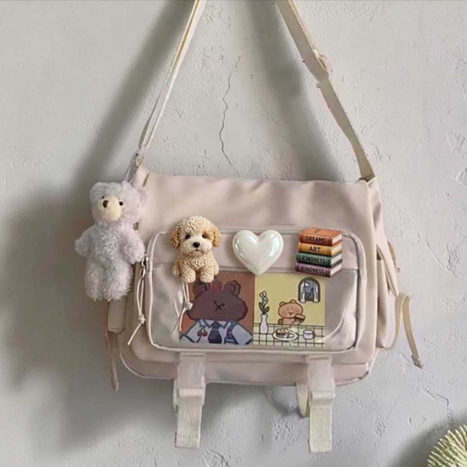 Black Kawaii Ita Crossbody Bag with Clear Window for Pin Display Black Kawaii Ita Crossbody Bag with Clear Window for Pin Display