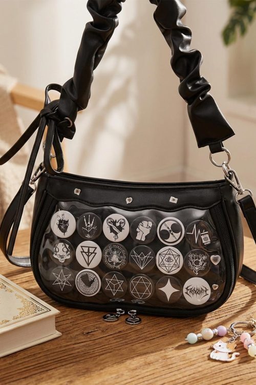 Black Kawaii Ita Crossbody Bag with Clear Window for Pin Display
