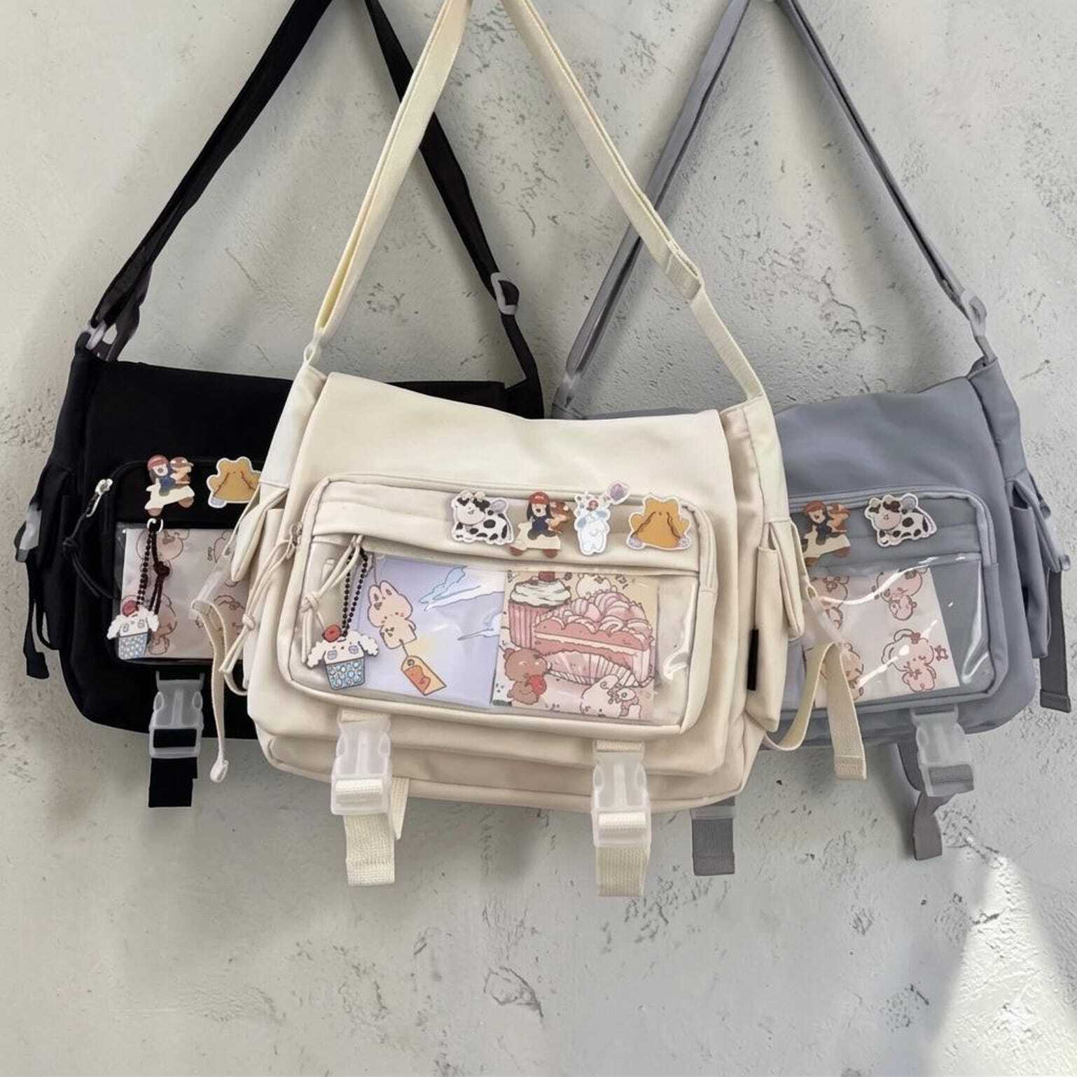 Black Kawaii Ita Crossbody Bag with Clear Window for Pin Display Black Kawaii Ita Crossbody Bag with Clear Window for Pin Display