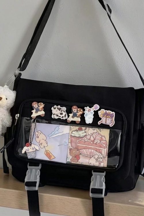 Black Kawaii Ita Crossbody Bag with Clear Window for Pin Display