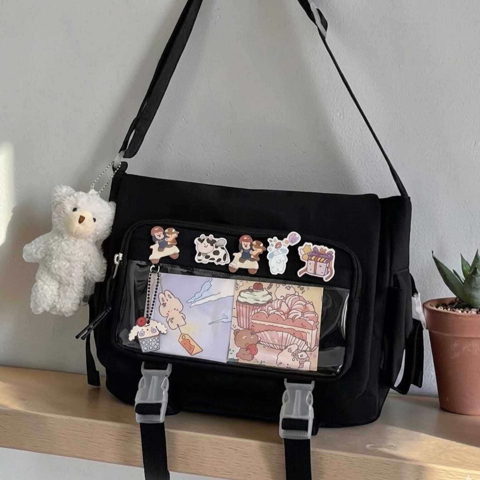 Black Kawaii Ita Crossbody Bag with Clear Window for Pin Display Black Kawaii Ita Crossbody Bag with Clear Window for Pin Display