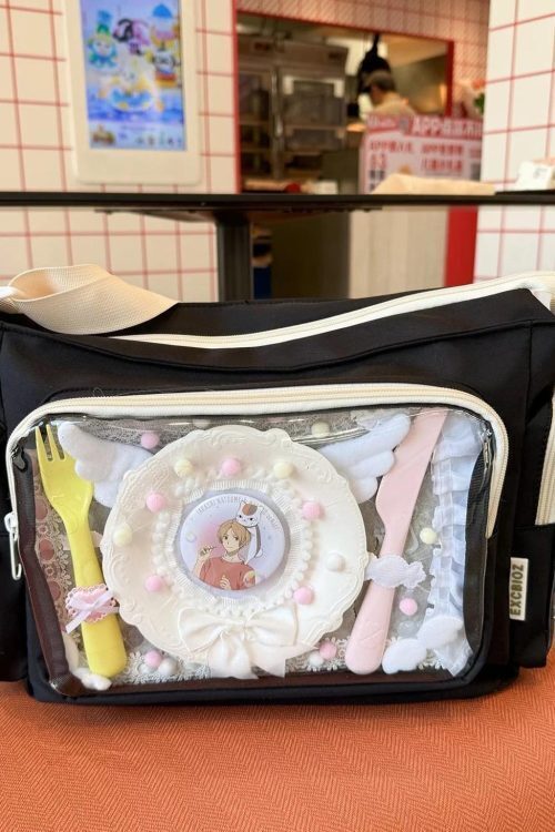Black Kawaii Ita Messenger Bag with Clear Window for Plushies and Pins