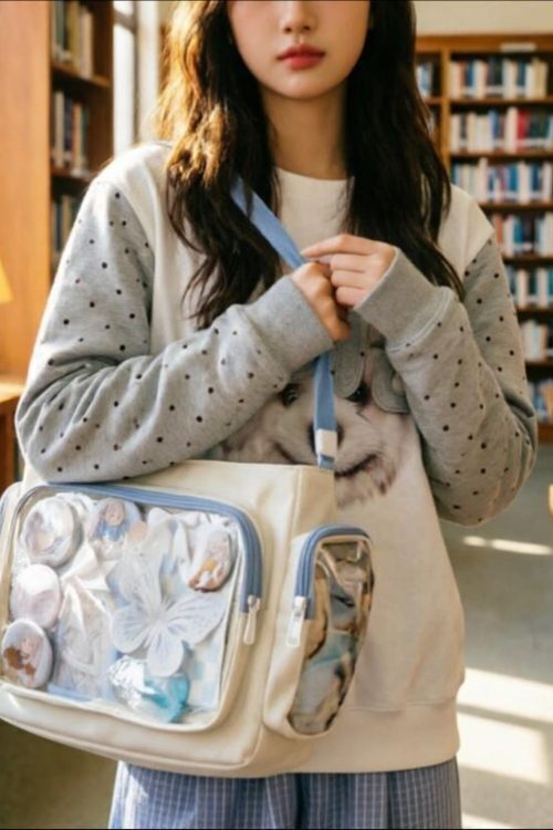 Black Kawaii Ita Messenger Bag with Clear Window for Plushies and Pins