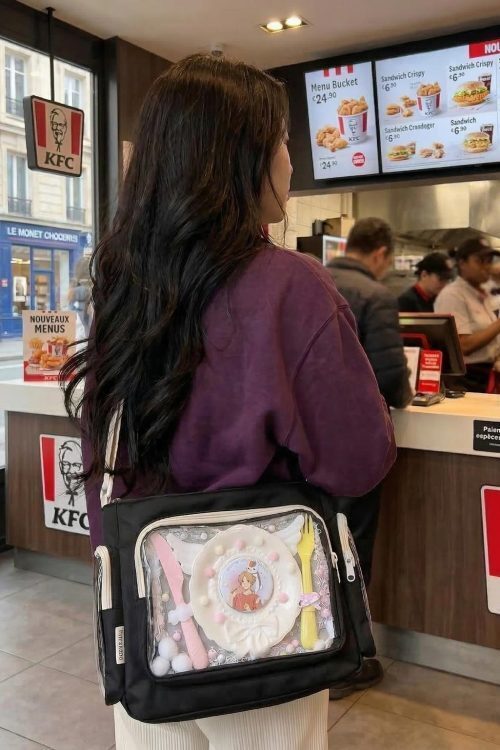 Black Kawaii Ita Messenger Bag with Clear Window for Plushies and Pins