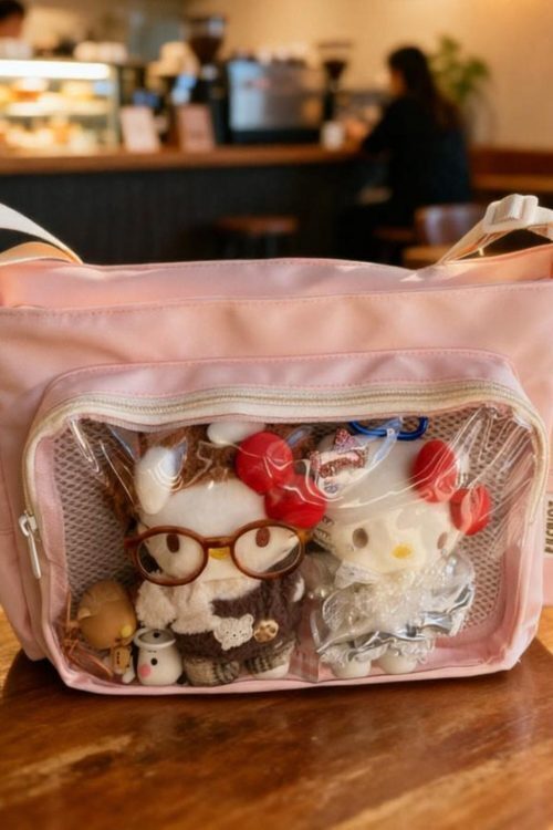 Black Kawaii Ita Messenger Bag with Clear Window for Plushies and Pins