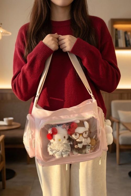 Black Kawaii Ita Messenger Bag with Clear Window for Plushies and Pins