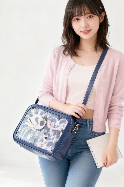 Black Kawaii Ita Shoulder Bag with Clear Window for Pin Display