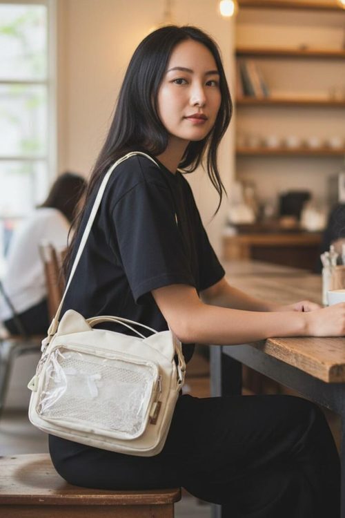 Black Kawaii Ita Shoulder Bag with Clear Window for Pin Display