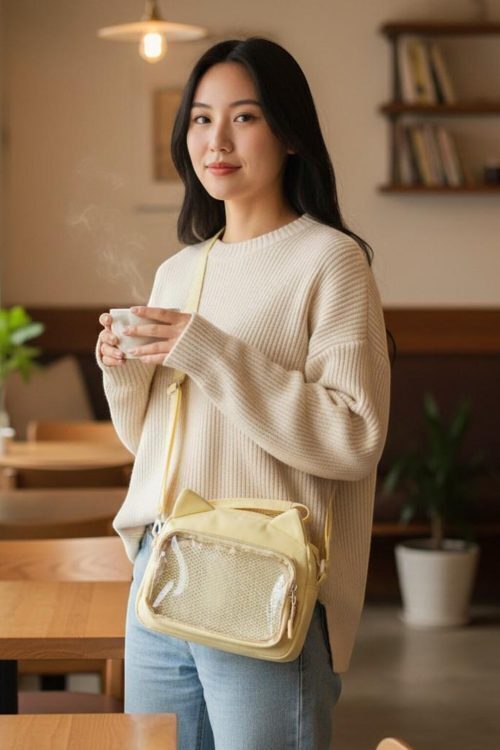 Black Kawaii Ita Shoulder Bag with Clear Window for Pin Display