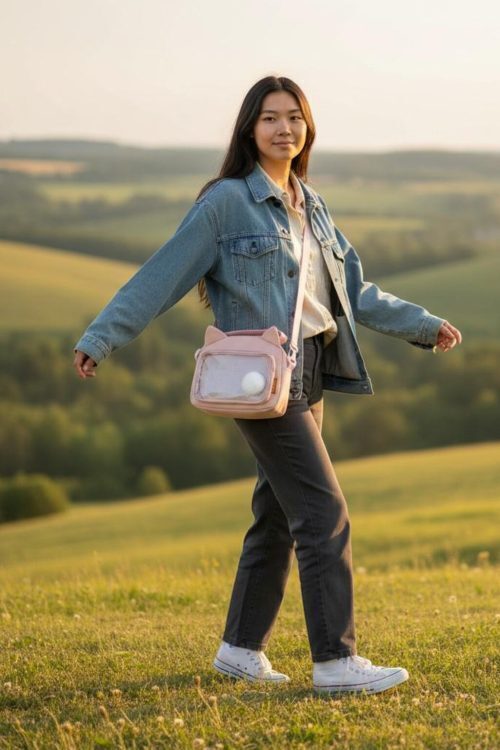 Black Kawaii Ita Shoulder Bag with Clear Window for Pin Display
