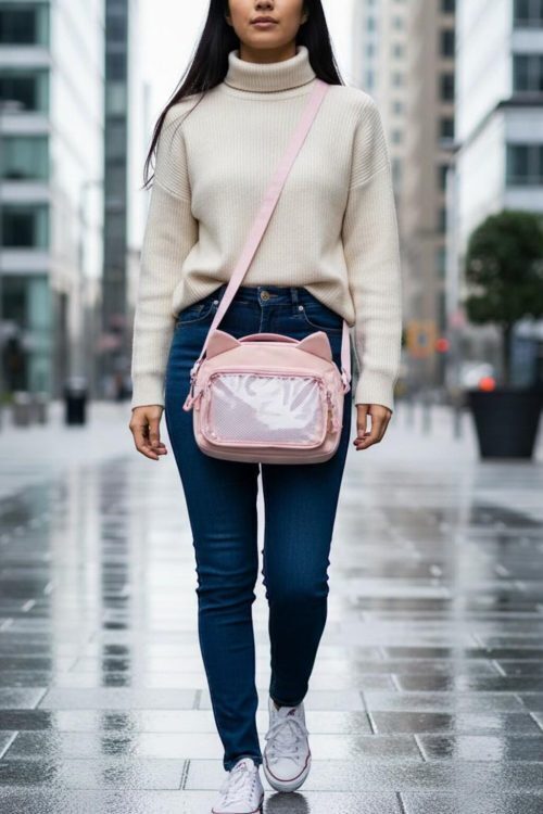 Black Kawaii Ita Shoulder Bag with Clear Window for Pin Display