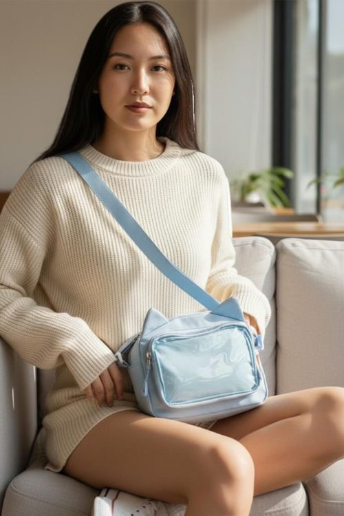 Black Kawaii Ita Shoulder Bag with Clear Window for Pin Display