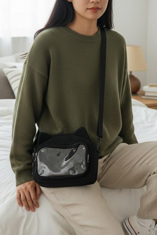Black Kawaii Ita Shoulder Bag with Clear Window for Pin Display