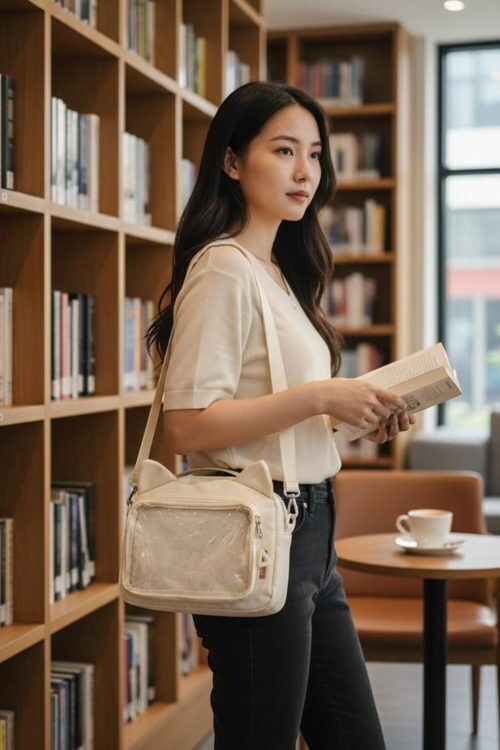 Black Kawaii Ita Shoulder Bag with Clear Window for Pin Display