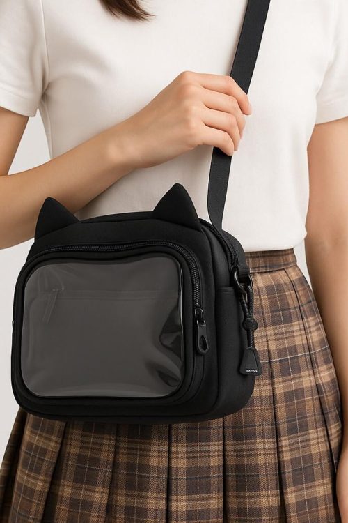 Black Kawaii Ita Shoulder Bag with Clear Window for Pin Display