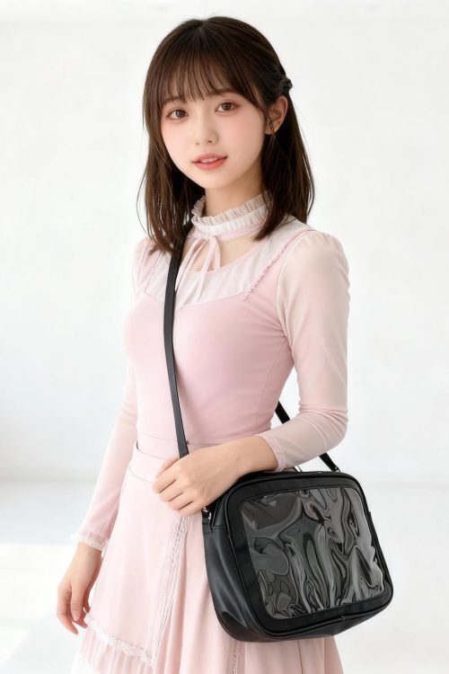 Black Kawaii Ita Shoulder Bag with Clear Window for Pin Display