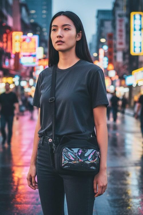 Black Kawaii Ita Shoulder Bag with Clear Window for Pin Display