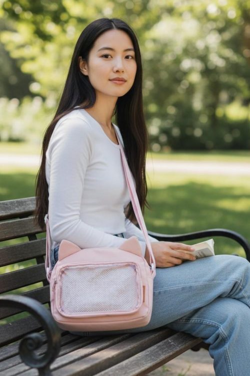 Black Kawaii Ita Shoulder Bag with Clear Window for Pin Display