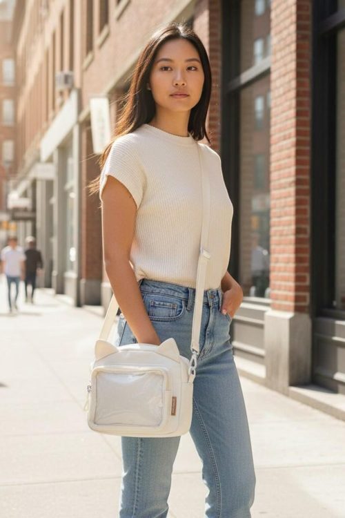 Black Kawaii Ita Shoulder Bag with Clear Window for Pin Display