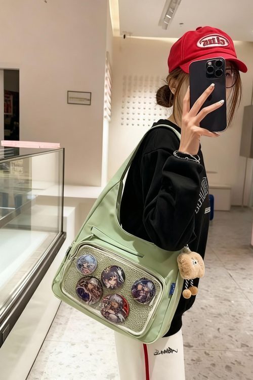 Black Kawaii Ita Shoulder Bag with Clear Window for Plushies and Pins