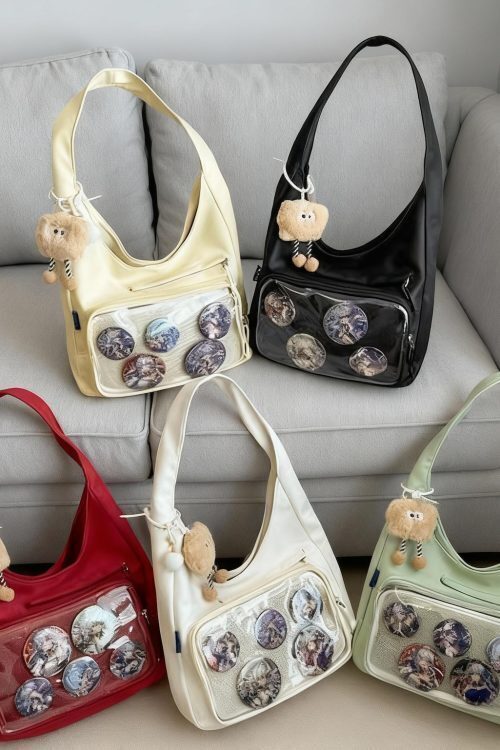 Black Kawaii Ita Shoulder Bag with Clear Window for Plushies and Pins