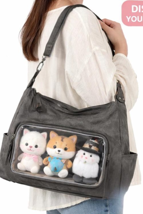 Black Kawaii Ita Shoulder Bag with Clear Window for Plushies and Pins