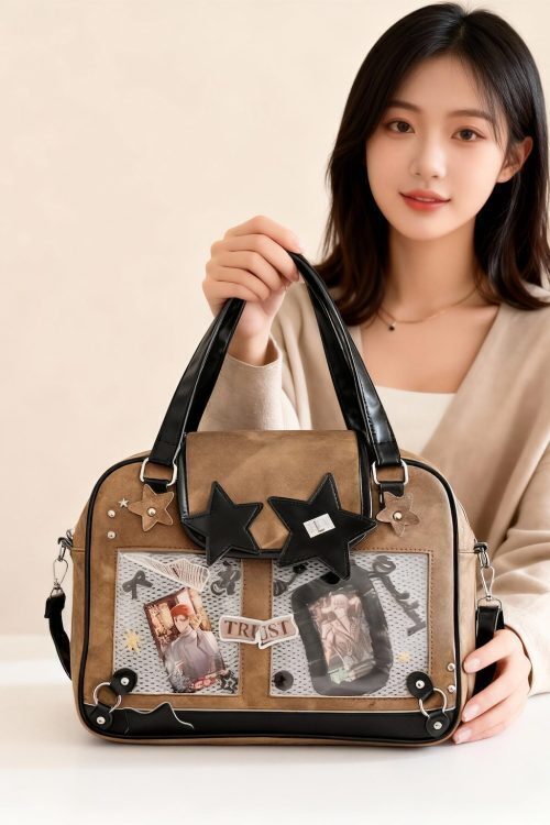 Black Kawaii Ita Tote Bag with Clear Window for Plushies and Pins