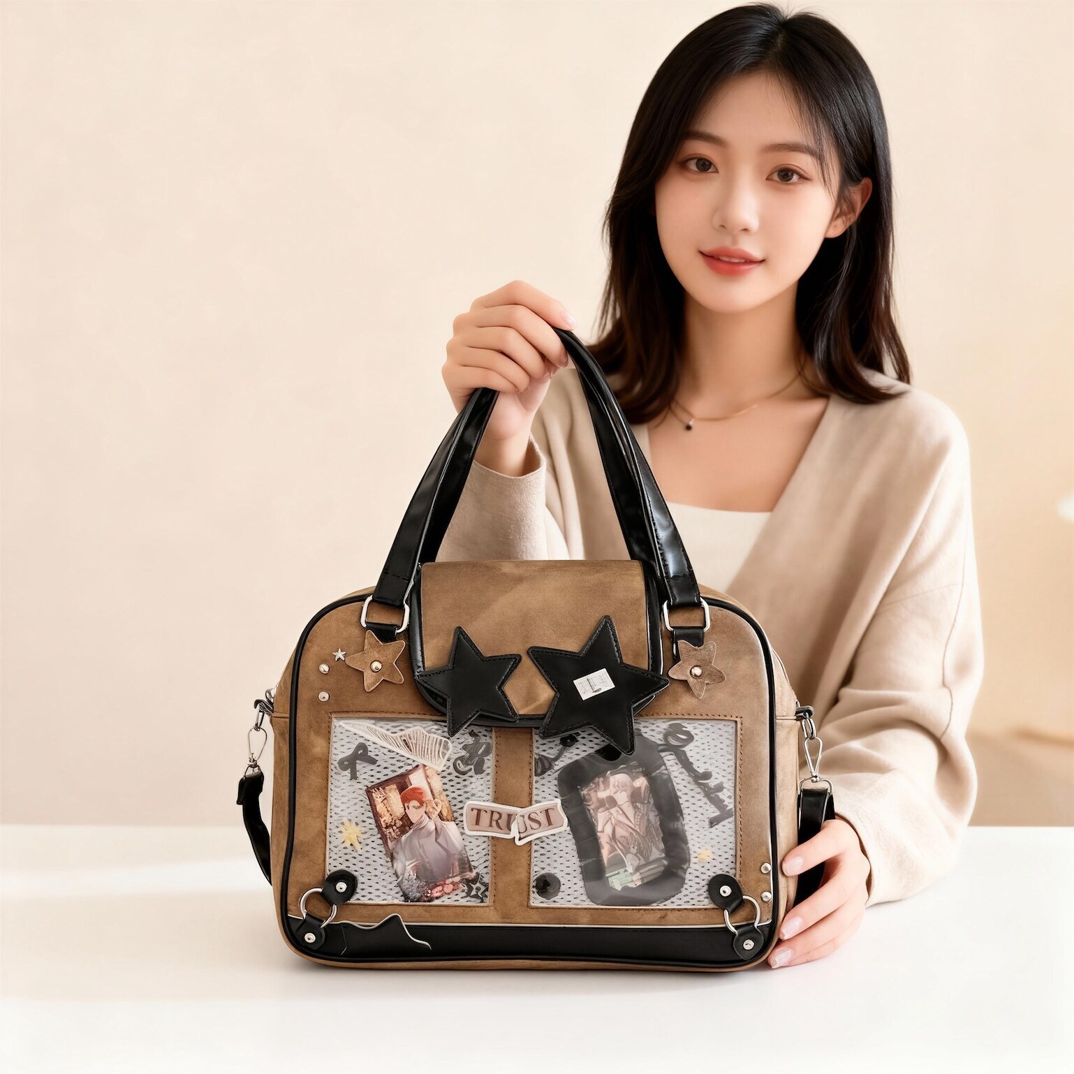 Black Kawaii Ita Tote Bag with Clear Window for Plushies and Pins Black Kawaii Ita Tote Bag with Clear Window for Plushies and Pins