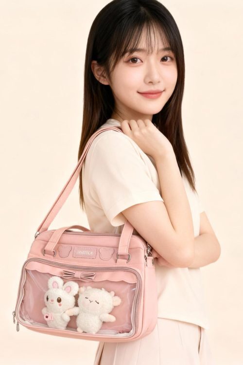 Black Kawaii Ita Tote Bag with Clear Window for Plushies and Pins