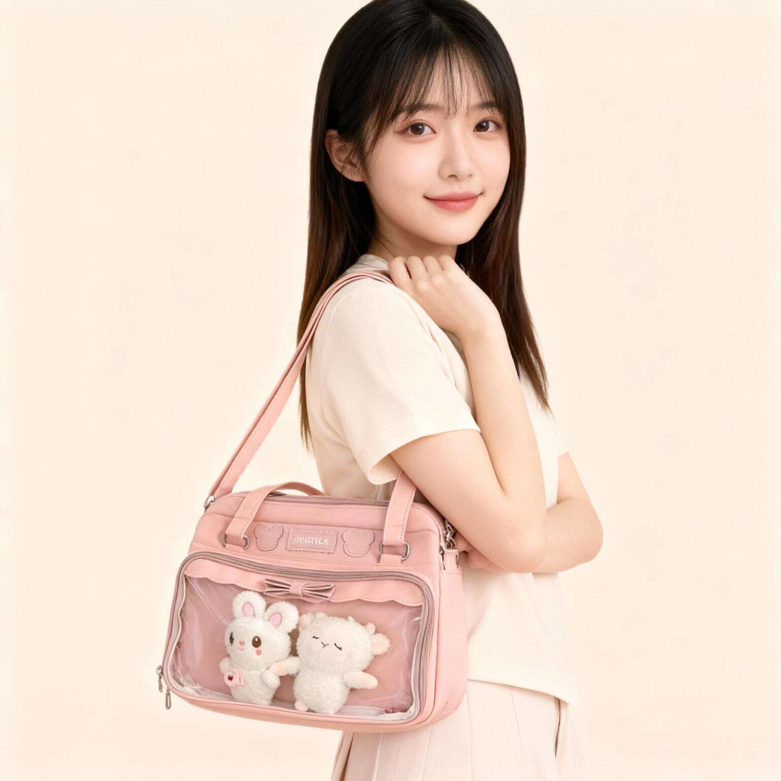 Black Kawaii Ita Tote Bag with Clear Window for Plushies and Pins Black Kawaii Ita Tote Bag with Clear Window for Plushies and Pins