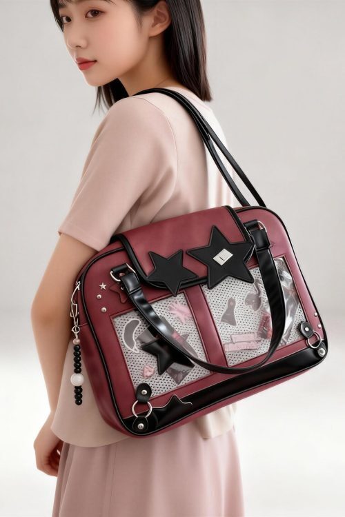 Black Kawaii Ita Tote Bag with Clear Window for Plushies and Pins