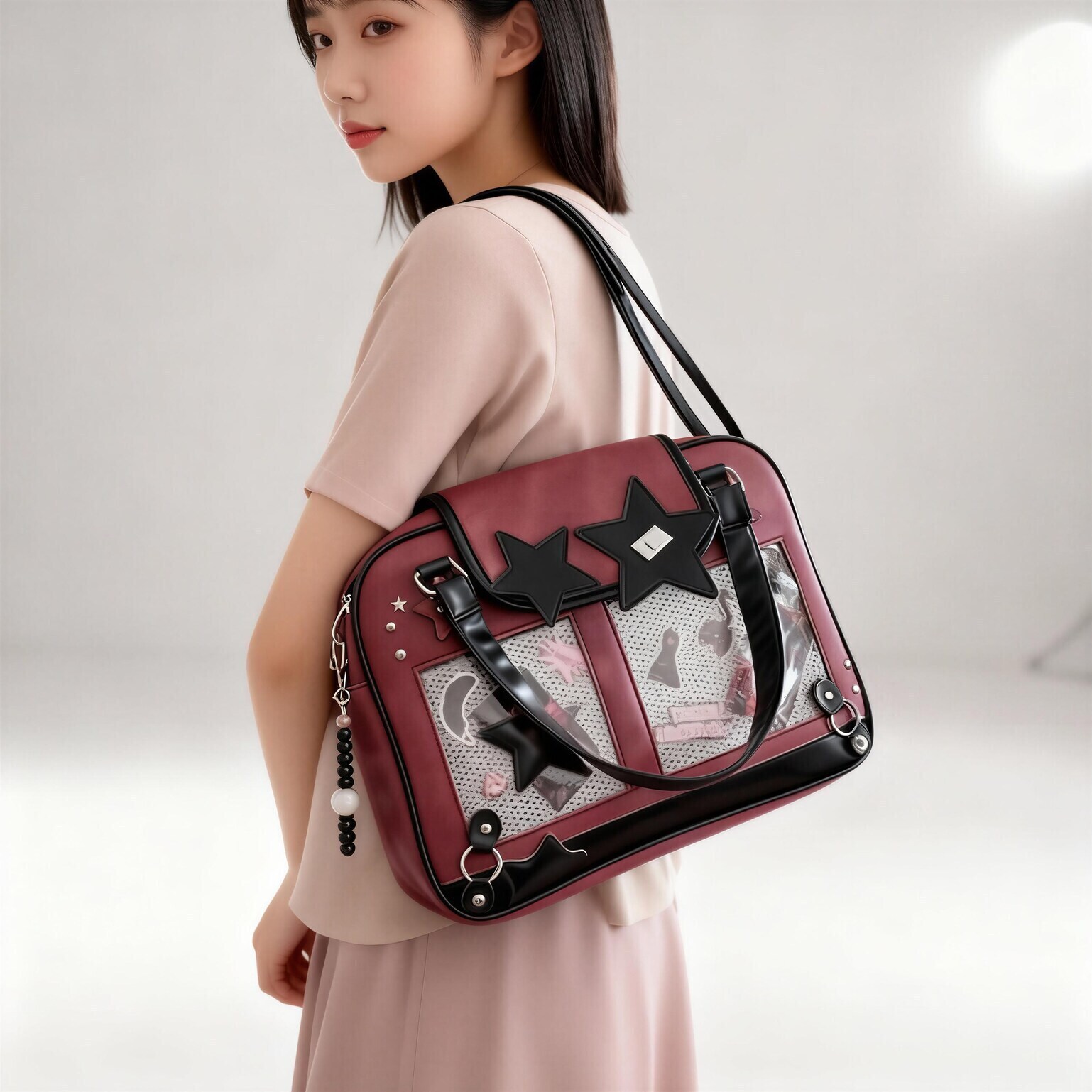 Black Kawaii Ita Tote Bag with Clear Window for Plushies and Pins Black Kawaii Ita Tote Bag with Clear Window for Plushies and Pins