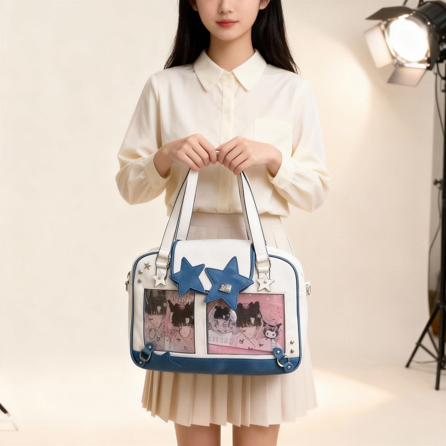 Black Kawaii Ita Tote Bag with Clear Window for Plushies and Pins Black Kawaii Ita Tote Bag with Clear Window for Plushies and Pins