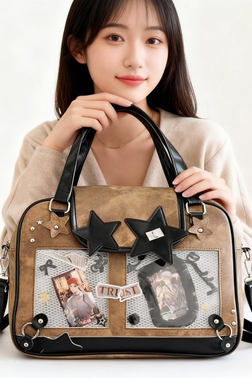 Black Kawaii Ita Tote Bag with Clear Window for Plushies and Pins