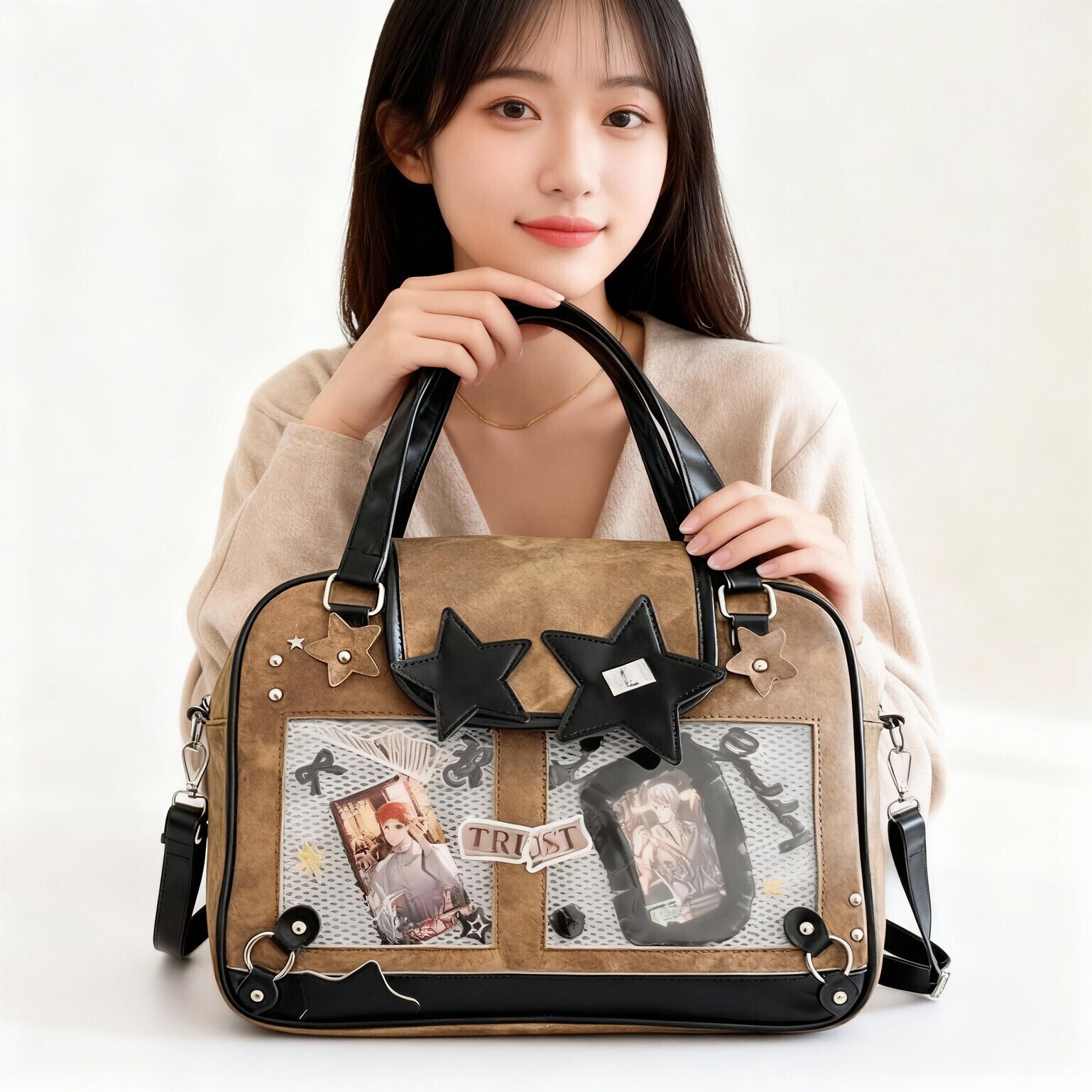 Black Kawaii Ita Tote Bag with Clear Window for Plushies and Pins Black Kawaii Ita Tote Bag with Clear Window for Plushies and Pins